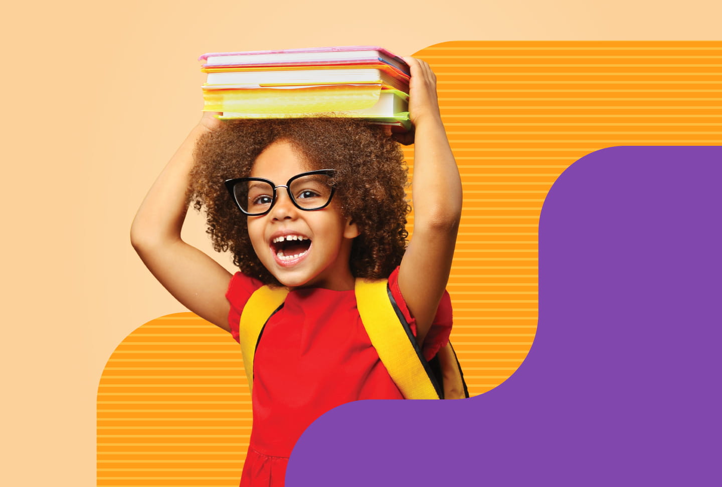 Child carrying backpack, holding books above head