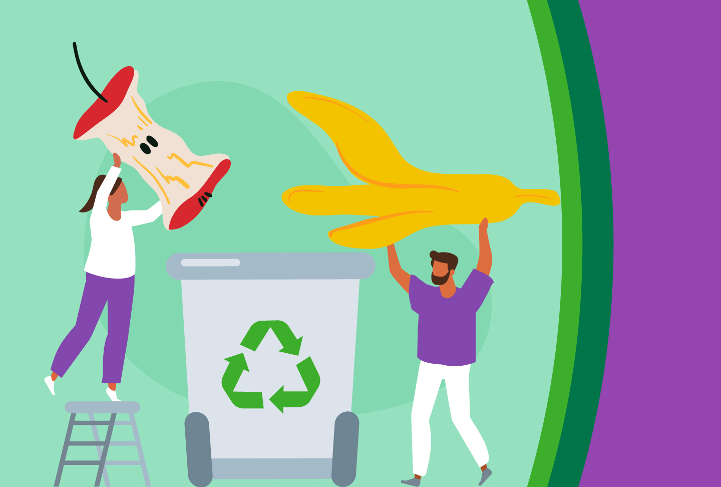 Illustration of people recycling apple core and banana peel