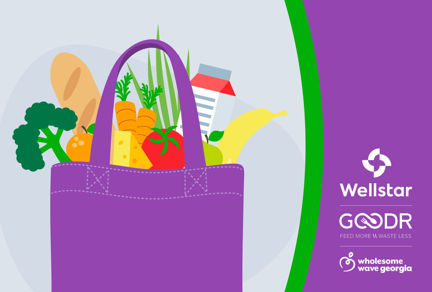 Illustration of bag of groceries. Wellstar, Goodr and Wholesome Wave Georgia logos