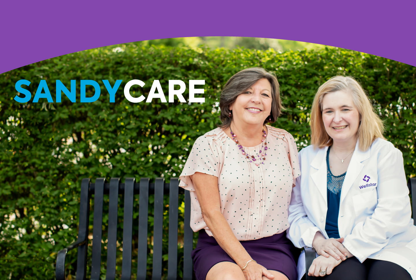 Sandy and Kellie sitting on a bench, and text "SandyCare".