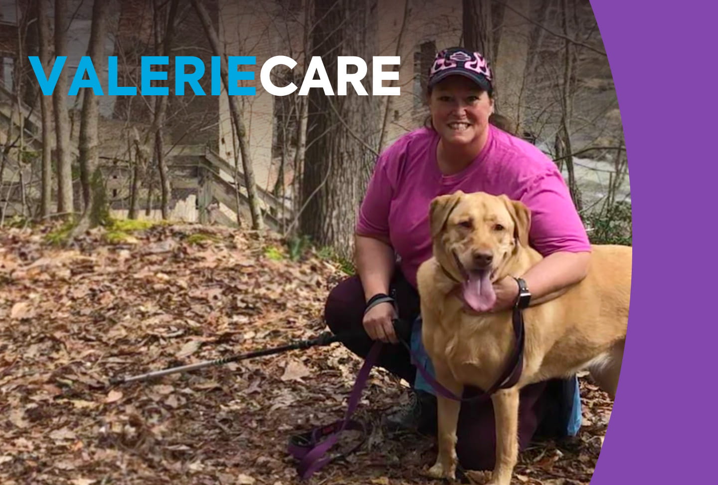 Valerie and her dog out in the woods.