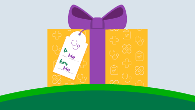 Illustration of a yellow present wrapped with a purple bow with a gift tag reading "To: Me, From: Me."